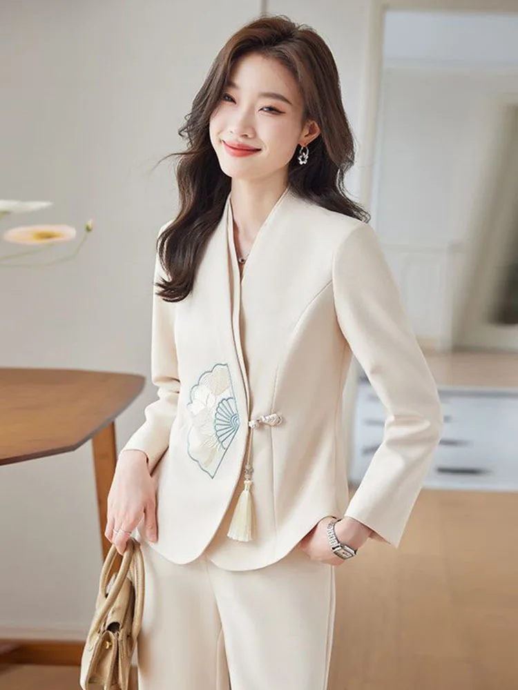 Autumn Buckle Embroidered Jackets + Wide-leg Pant Suit Retro V-neck Embroidered Suit Pants Two-piece Set