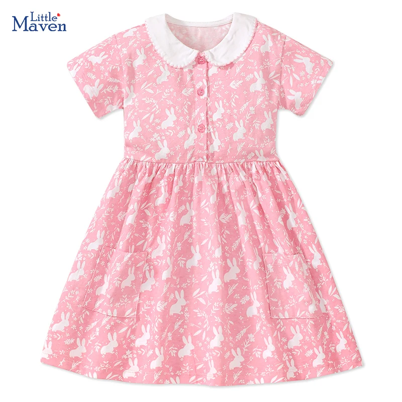 Little maven 2024 Baby Girls Pink Dresses Cartoon Rabbit Summer Holiday Dresses Kids Clothes Party Dress Children\'s Clothing