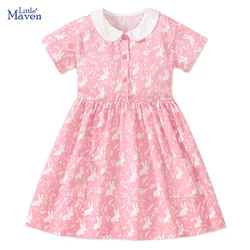 Little maven 2024 Baby Girls Pink Dresses Cartoon Rabbit Summer Holiday Dresses Kids Clothes Party Dress Children's Clothing