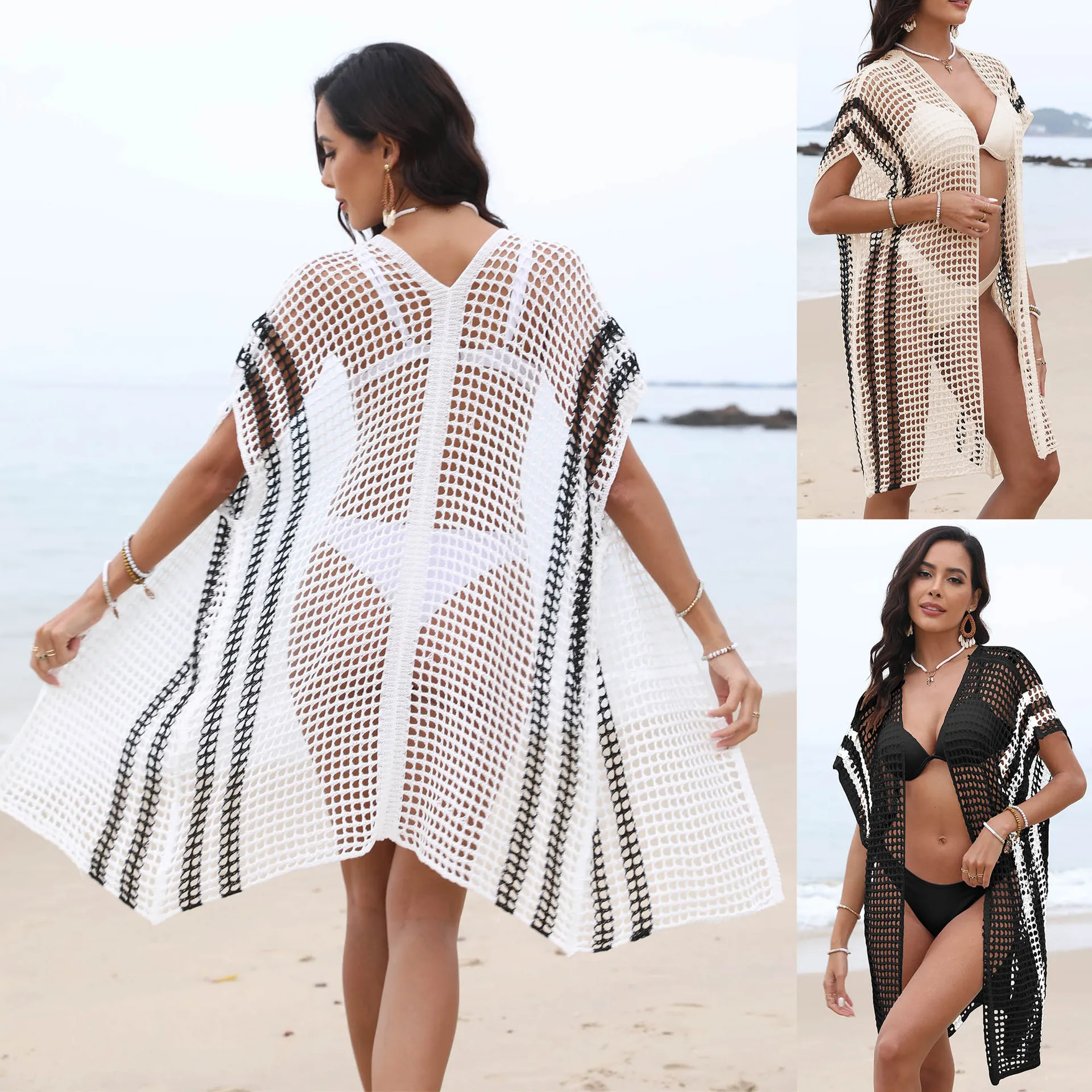 Abito da spiaggia lavorato a maglia da donna scavato patchwork bianco nero Cardigan sexy Copricostume da bagno da spiaggia