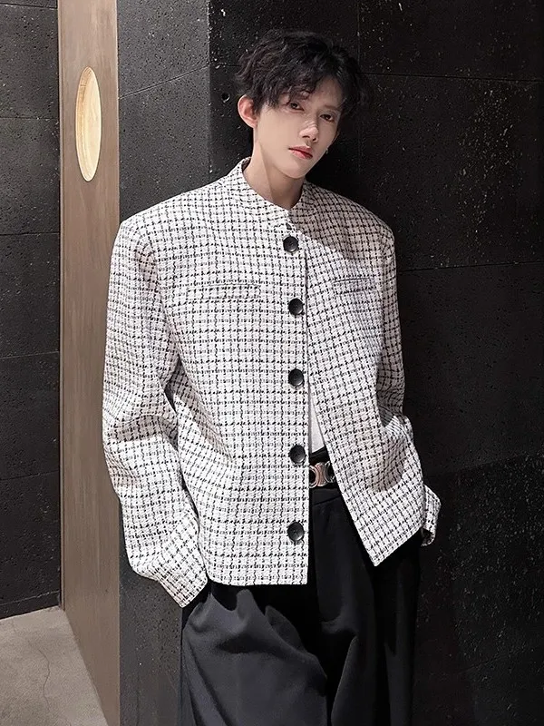 

Мужской клетчатый пиджак с подплечниками, в американском спортивном стиле, повседневный, из полиэфирного волокна, с защитой от сминания, длинный рукав, воротник-стойка