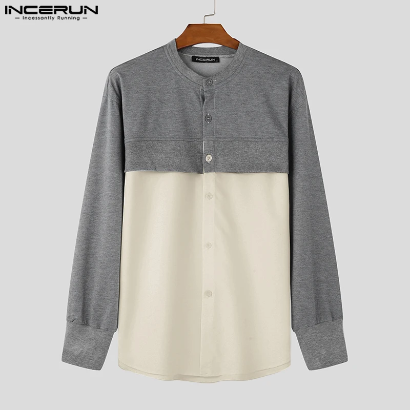 INCERUN, camisas informales de manga larga para hombre, diseño falso de dos piezas, Tops con cuello levantado Harajuku, botones de bloques de colores, blusa elegante de moda