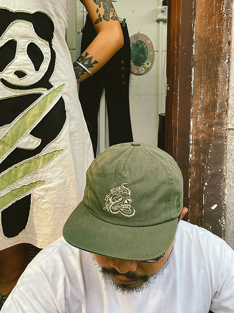 gebrandoink-limited-edition-skull-tattoo-embroidery-cap-olive-green-flat-brim-baseball-cap-american-street-green-hat