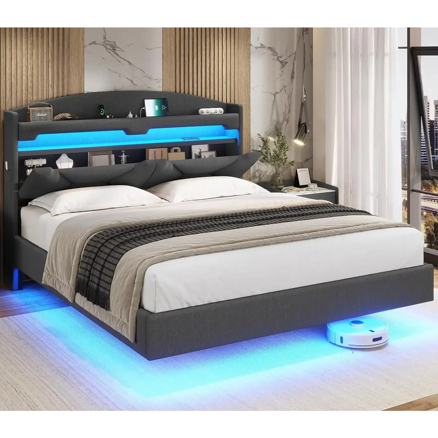 Floating Bed Frame with Charging Station, LED Bed Frame with Storage Headboard, Upholstered Platform Queen Bed with Shelves