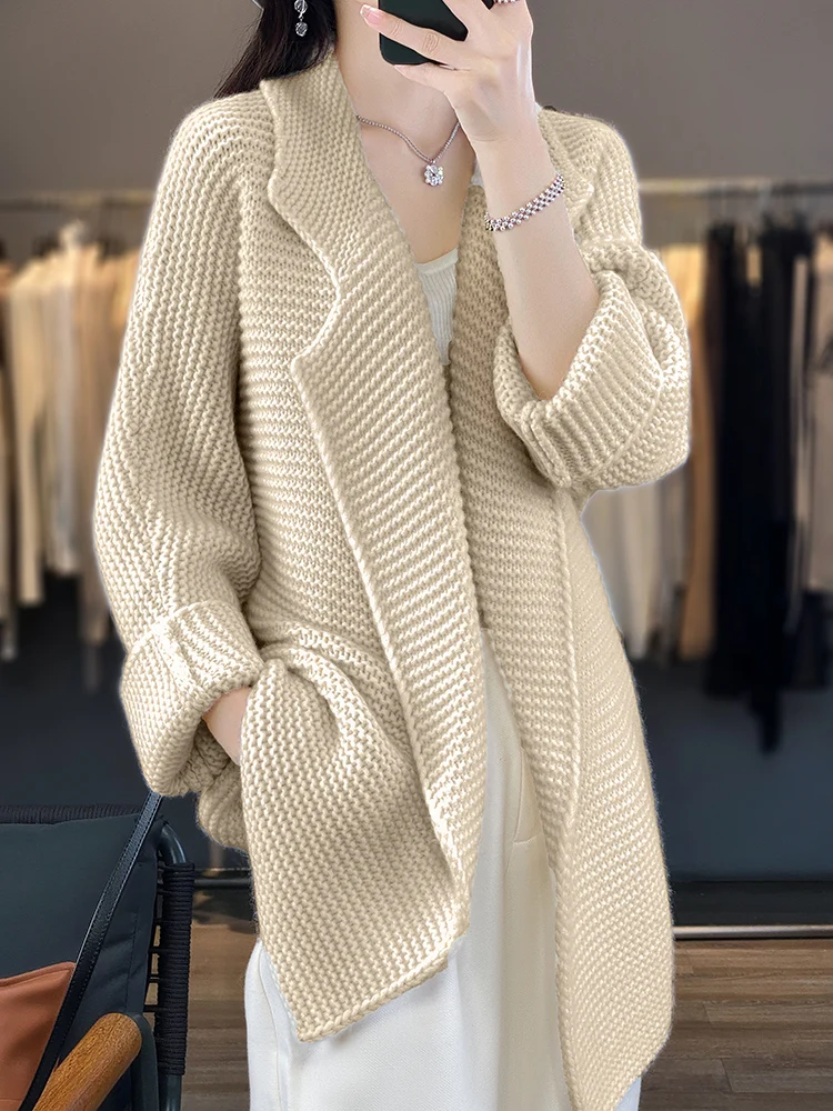 

Women Turn Down Collar Sweater 100% Merino Wool Cardigan Long Style Overcoat Cashmere Knitwear Autumn Winter Thick Long Coat