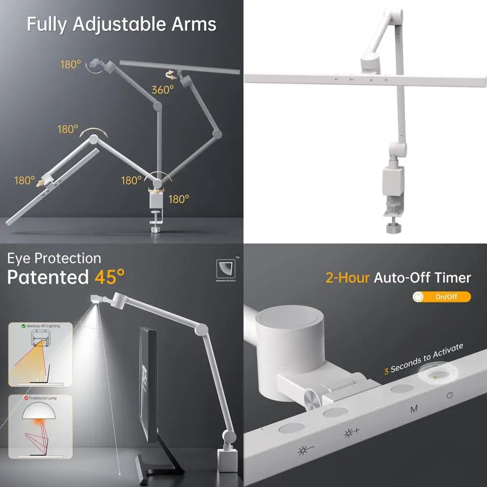 

Поворотная светодиодная настольная лампа Deeloop с 2 рычагами и зажимом, высокая CRI 95+, зарядка через USB, 2-часовой таймер, регулируемая лампа с памятью для домашнего офиса Re