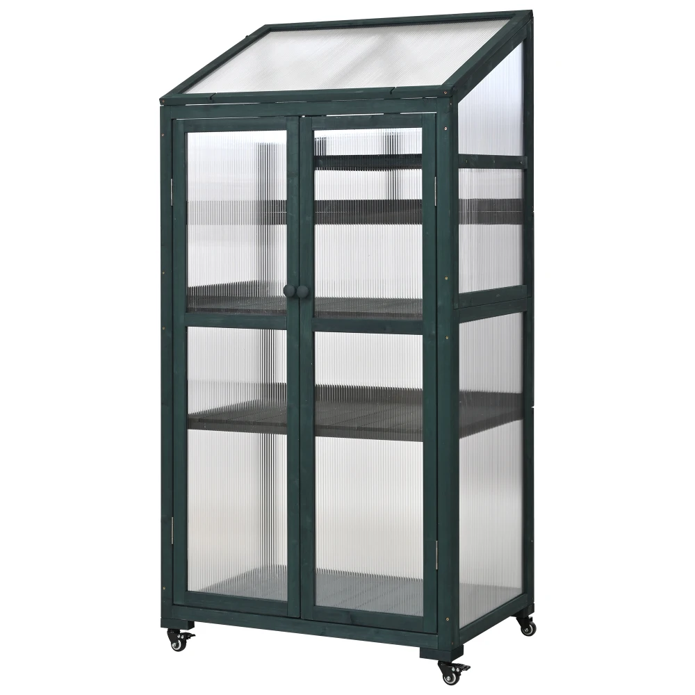 

62inch Height Wood Large Greenhouse Balcony Portable Cold Frame with Wheels and Adjustable Shelves for Outdoor