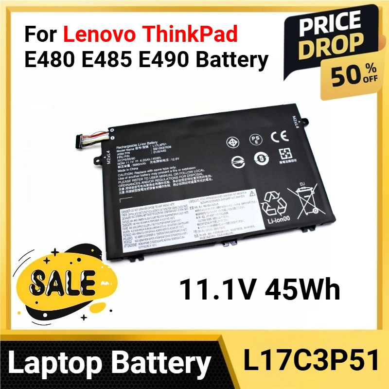 

L17C3P51 11.1V 45Wh For Lenovo ThinkPad E480 E485 E490 Battery for E580 E585 E590 R480 series
