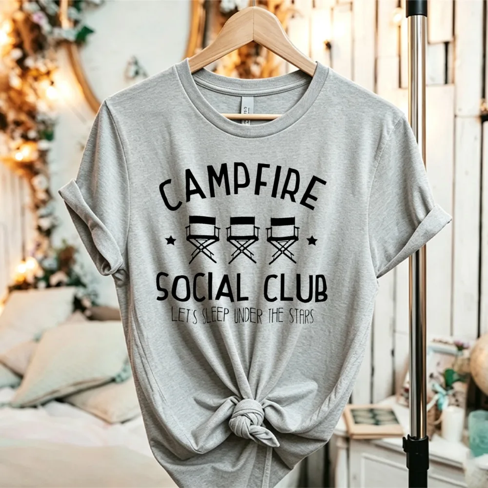 Campfire Social Club Starry Night Camping Chair Print Women Short Sleeve T Shirt Top Vintage Clothes Graphic T Shirts Harajuku