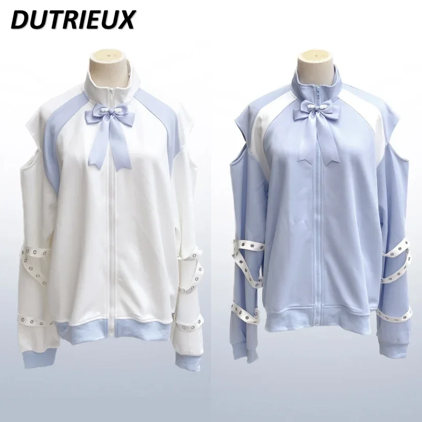 

Color Matching Off-the-Shoulder Bow Lace-up Sportswear Jacket Spring Autumn New Long Sleeve Loose Stand Collar Sweatshirt Coat