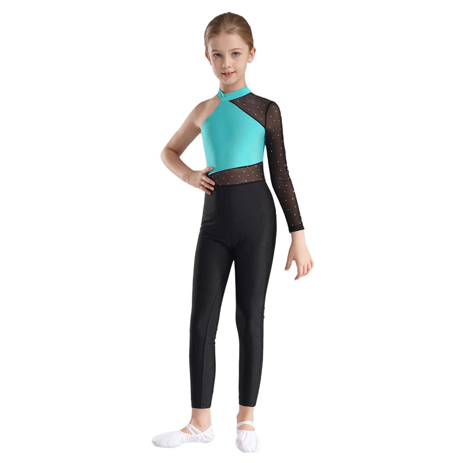 Kids Girls One Shoulder Ballet Gymnastics Jumpsuit Yoga Bodysuit Sheer Mesh Long Sleeve Leotards Figure Skating Dance Costume