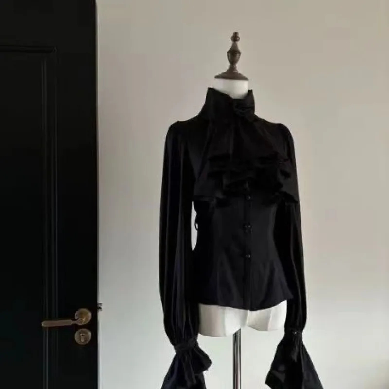 

Vintage Gothic Dark Academia Clothes Fashion Ruffles Patchwork Long Sleeve Blouses 2025 New Slim Fit White Shirt Women