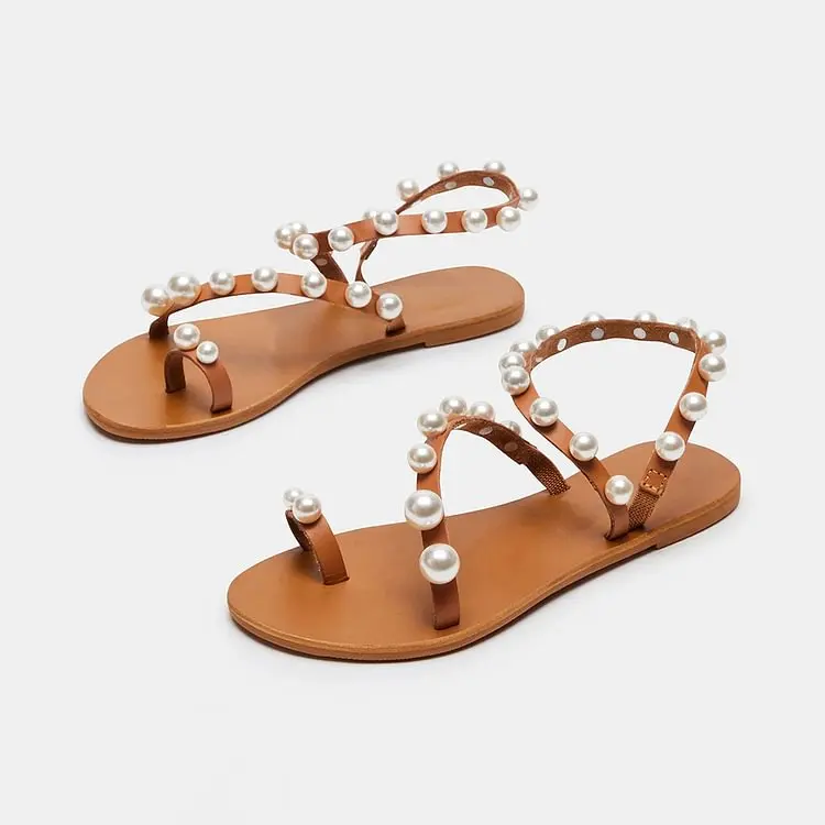 

Stylish Brown Open Toe Pearl Strappy Flat Sandals for Women