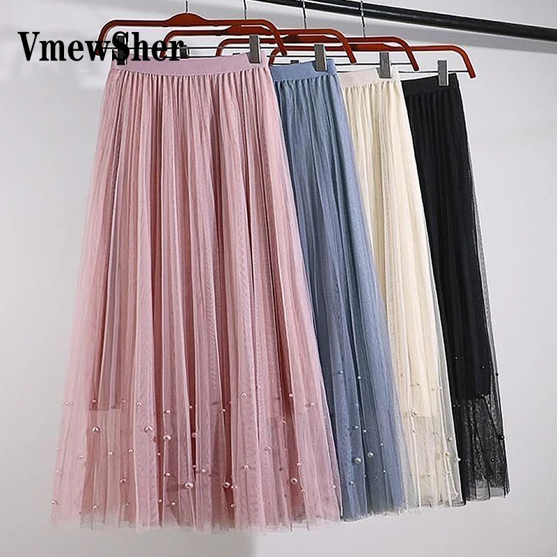 

VmewSher Vintage Beading Tulle Skirt Women Elastic High Waist A-line Pleated Mesh Skirt Long Pearls Tutu Skirts Mid Calf 2023