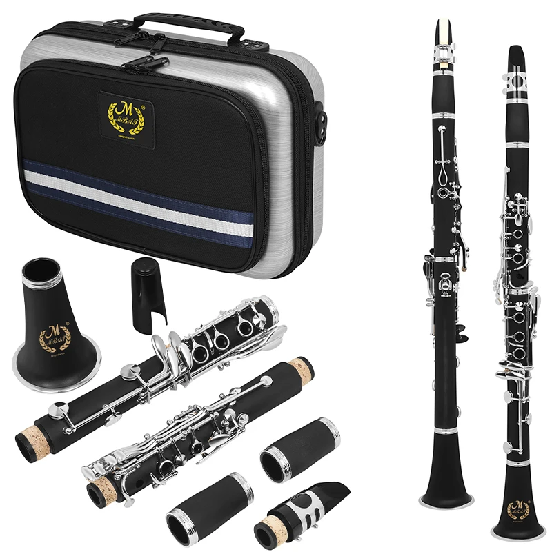 Professional Bb Clarinet 17 Keys Ebony Body Silver-Plated Keys Dual Barrel Italian Pads ABS Case Complete Set with Accessories