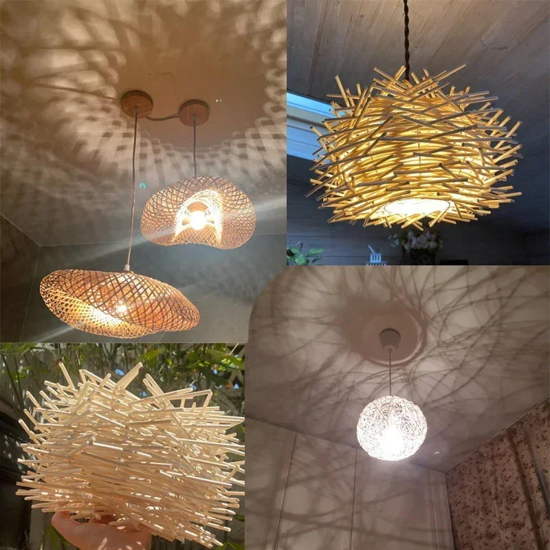 

With LED Bulb Bamboo Pendant Light Rattan Wicker Wood Chandelier Ceiling Lustre Hanglamp Hand Knitted Home Living Bed Room Decor