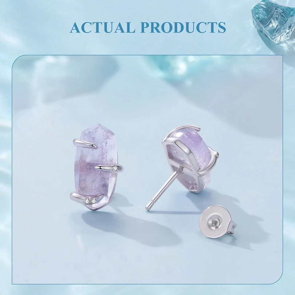 WOSTU Ohrstecker mit lila Amethyst-Rohkristall für Damen, platiniert, S925-Silber, geometrischer Naturstein-Schmuck, Geschenk – Detail 10