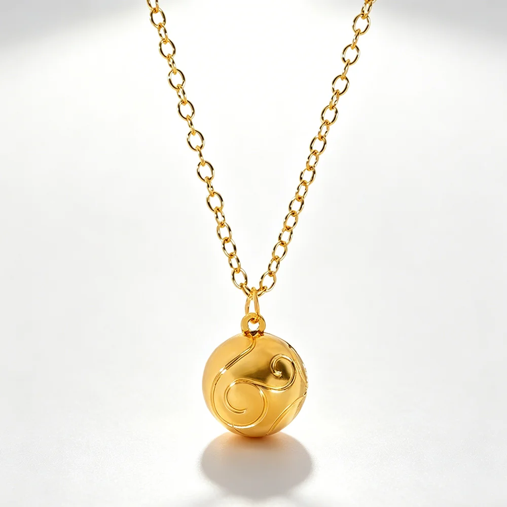 Gold Plated Spherical Pendant Necklace, Embossed Auspicious Cloud Pattern Round Ball Neck Chain, Jewelry Gift for Men Women