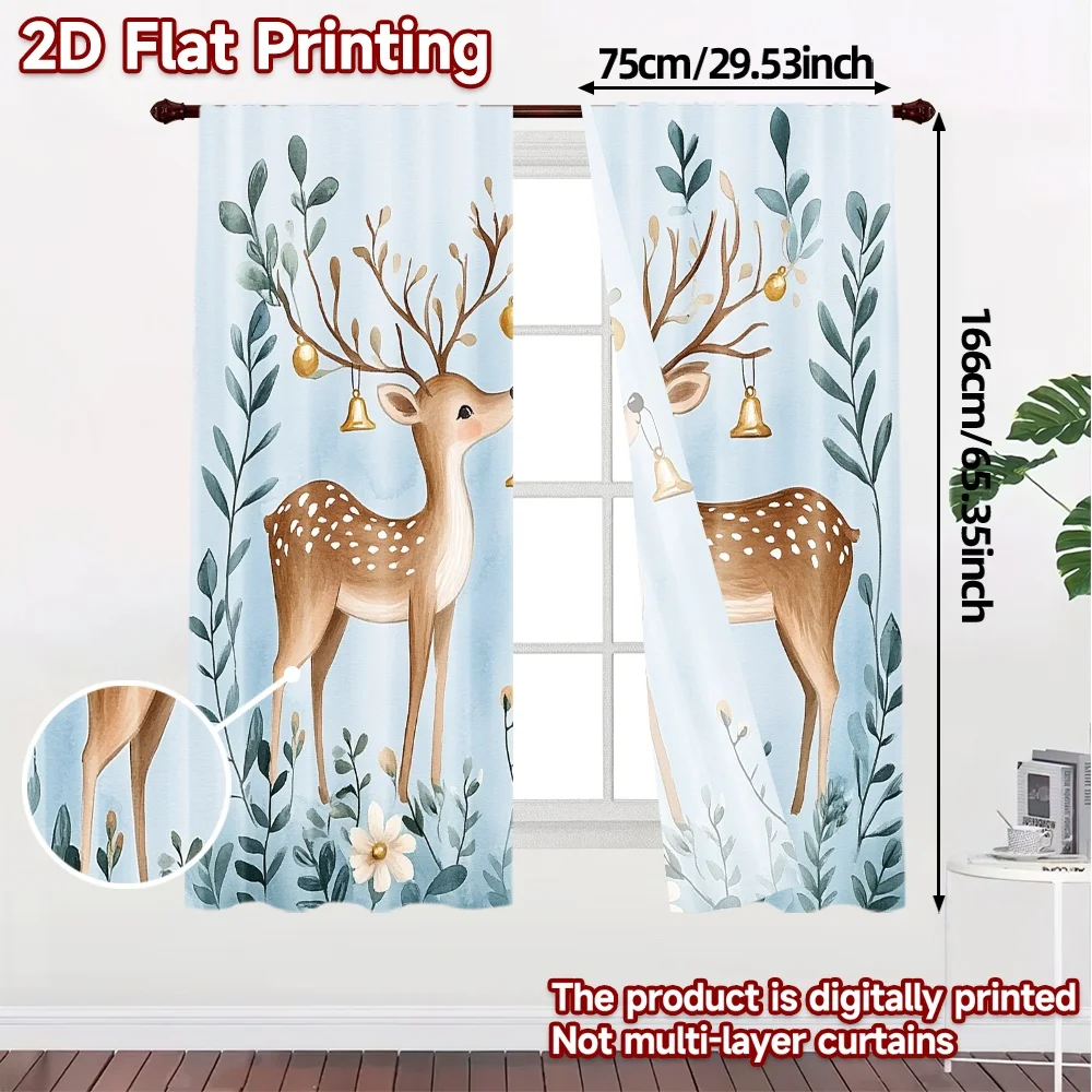 2pcs,Curtains Cute Deer with Bells (2) Modern Curtains Digital Printed Prints Light Filtering Curtains Decorations For Home
