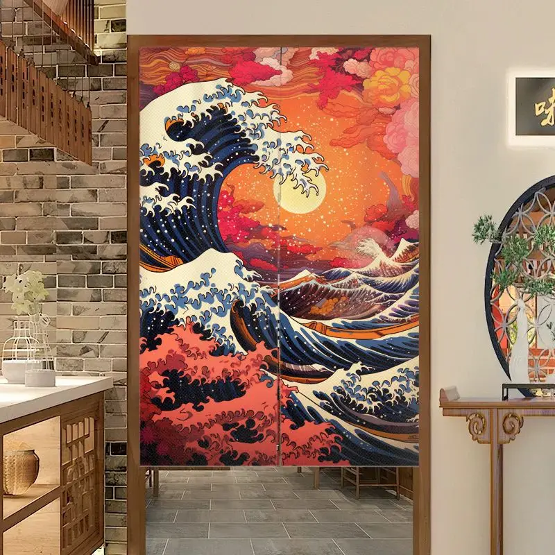 VIKAMA Japanese Wave Landscape Door Curtain Lotus Landscape Sea View Kitchen Entrance Partition Curtain Home Decoration