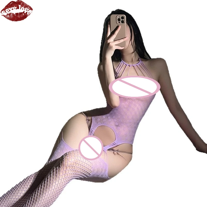 Женские эротические фетиш-очаровательные фиолетовые воротники-бретельки с выдолбленными облегающими колготками, женское эротическое соблазнительное белье
