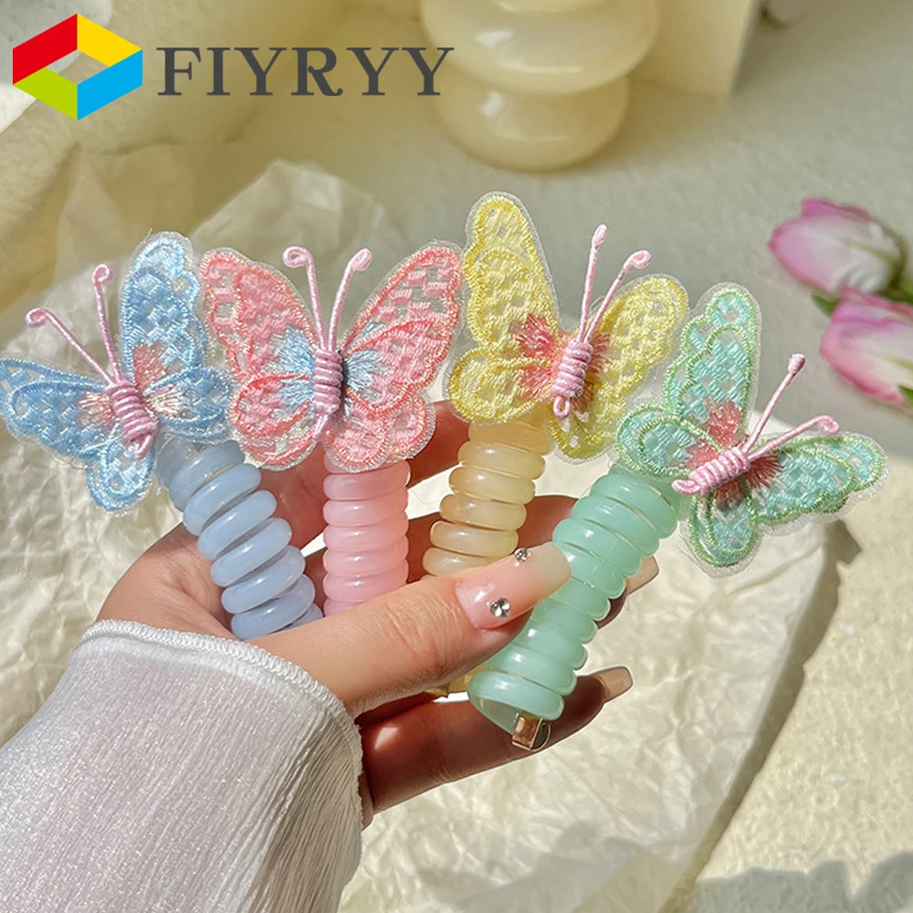 5PCS Butterfly Telephone Wire Line Hair Ties Cute DIY Phone Cord Hair Bundle Elastic Straight Ponytails Kawaii Hair Accessories