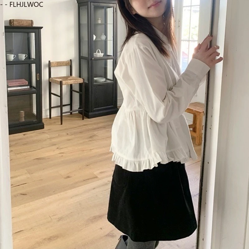 Katoen Chic Korea Leuke Peter Pan Kraag Tops Blusas Vrouwen Japan Meisjes Stijl Vintage Preppy Stijl Ruches Peplum Witte Shirts