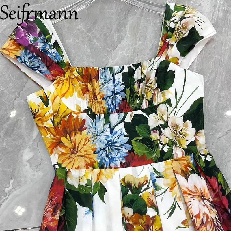 فستان Seifrmann كاجوال بنمط العطلة للنساء برقبة مربعة وحزام سباغيتي بدون ظهر فساتين قطنية مطبوعة بالزهور