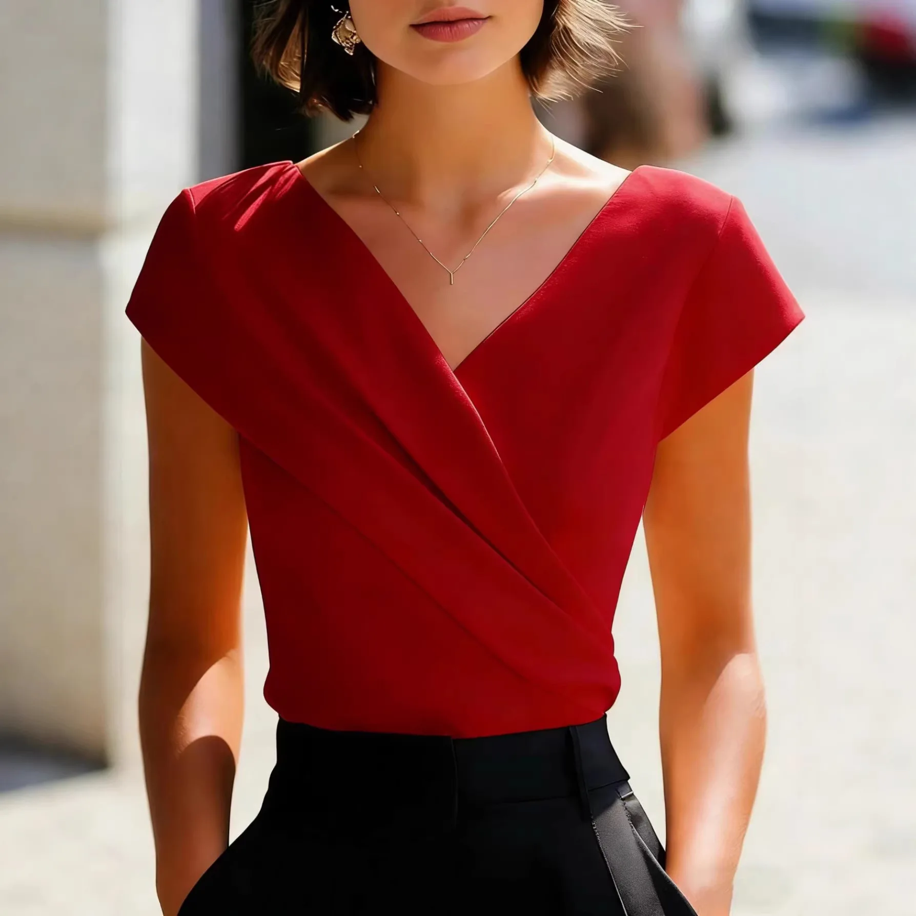 Summer New Women's Solid Color Satin V Neck Wrap Front Cap Sleeve T Shirt Slimming Comfortable Versatile Commuter Female Blouse