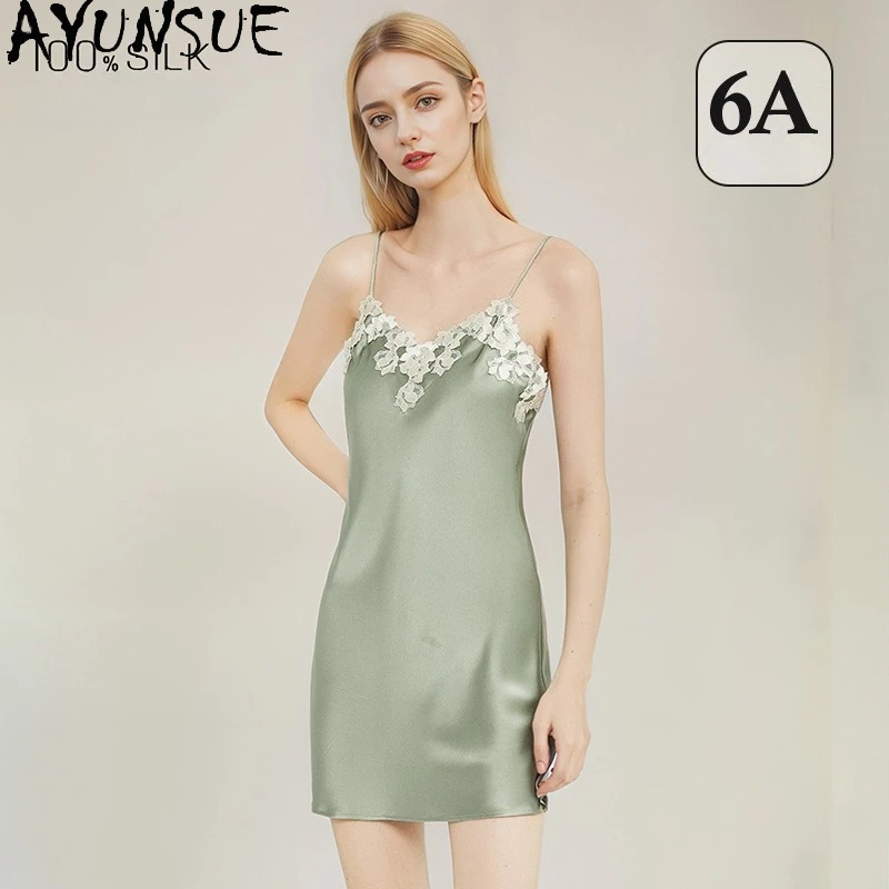 

AYUNSUE 100% Real Silk Mini Dresses Sexy Sleepwear 19MM Silk Night Dress for Women Summer Pajama Women's Home Clothes Пижама