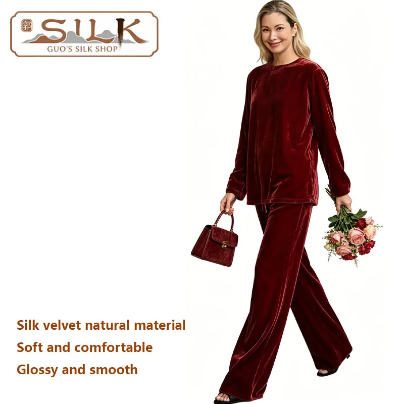 

High-end 100% Silk Velvet Women's Suit T-shirt and Trousers Set Simple Elegant Casual Luxurious Clothing Soft Smooth Comfortable