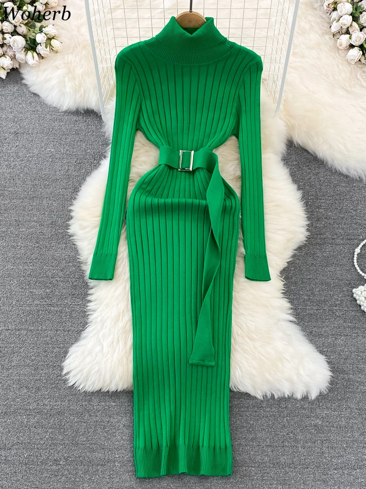 Y2K Knitting Dresses for Women's 2024 Vestidos De Mujer Turtleneck Tunic Solid Robe Femme Fashion Sexy Bodycon Winter Belt Dress