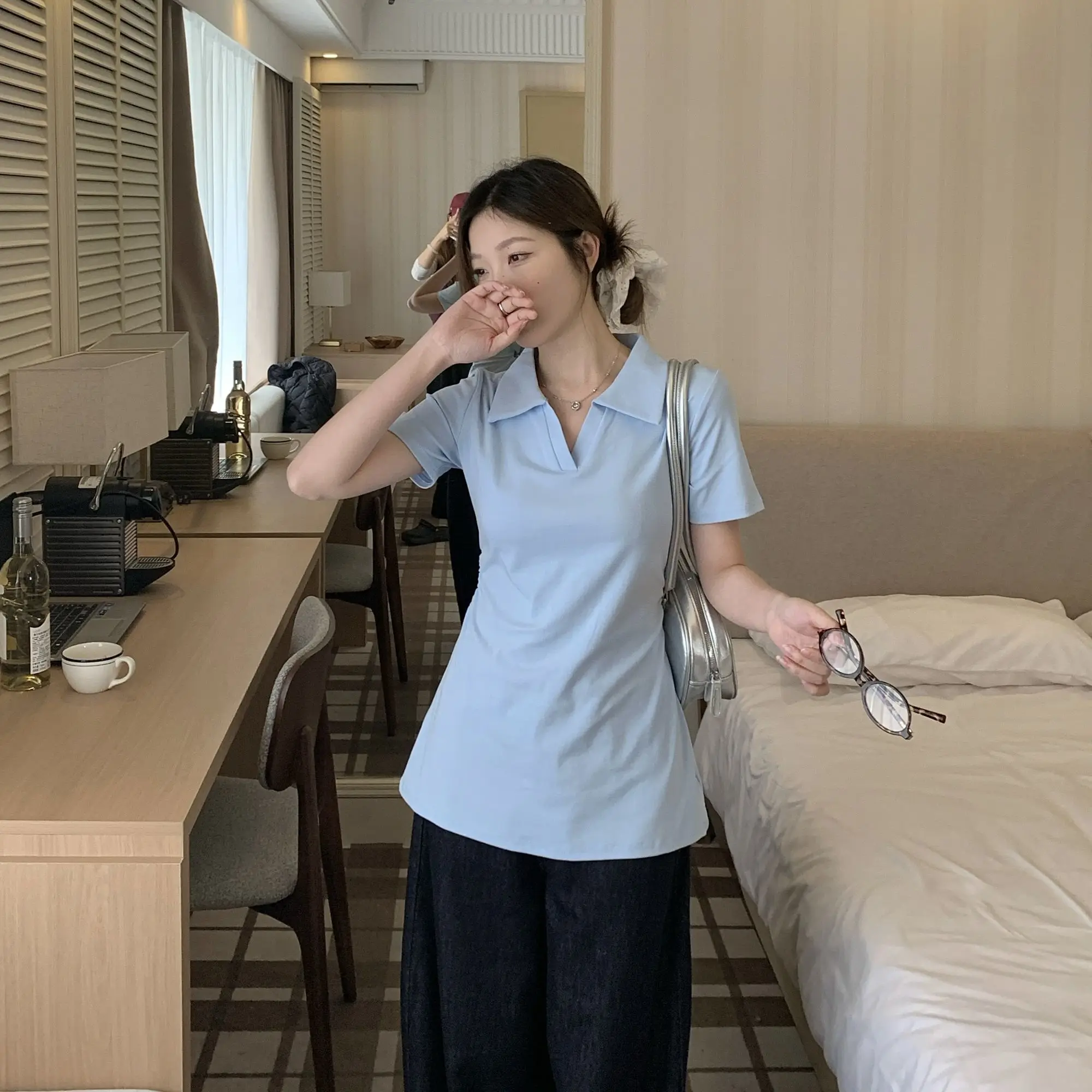 

Short Sleeve Shirts Womens Mesh Splicing Pintuck Slim Fit Harajuku Trendy Artistic Look Student Young Streetwear Chic