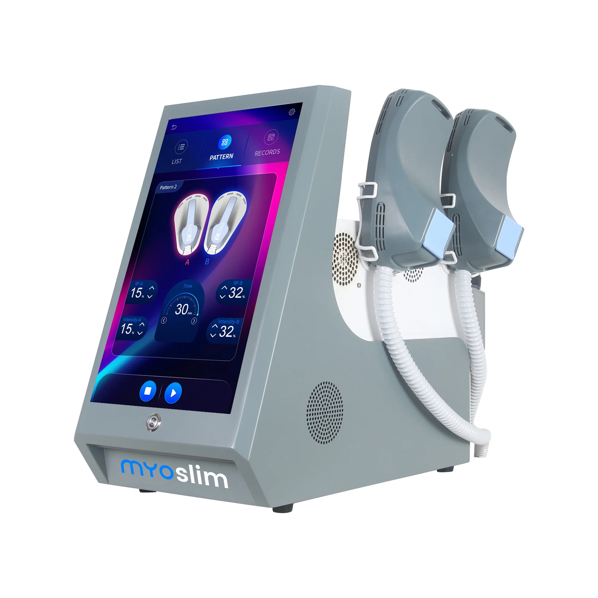 The MYOslim New EMS Body Sculpting Device Uses Electromagnetic Stimulation For Body shaping, slimming, and muscle building.