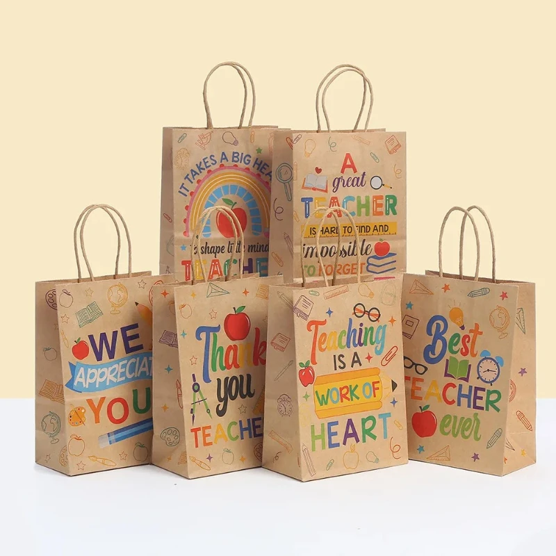 Sacs cadeaux en papier Kraft avec poignées, 6 pièces, pour la fête de reconnaissance des enseignants, emballage de cadeaux, récompenses en classe et cadeaux de remerciement