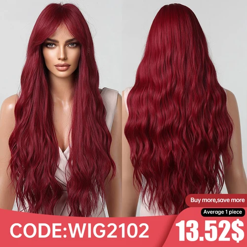 Imagen 1 del producto Pelucas sintéticas largas y rizadas con flequillo largo para mujer, pelo Natural Afro de onda profunda para fiesta de Cosplay, color rojo borgoña