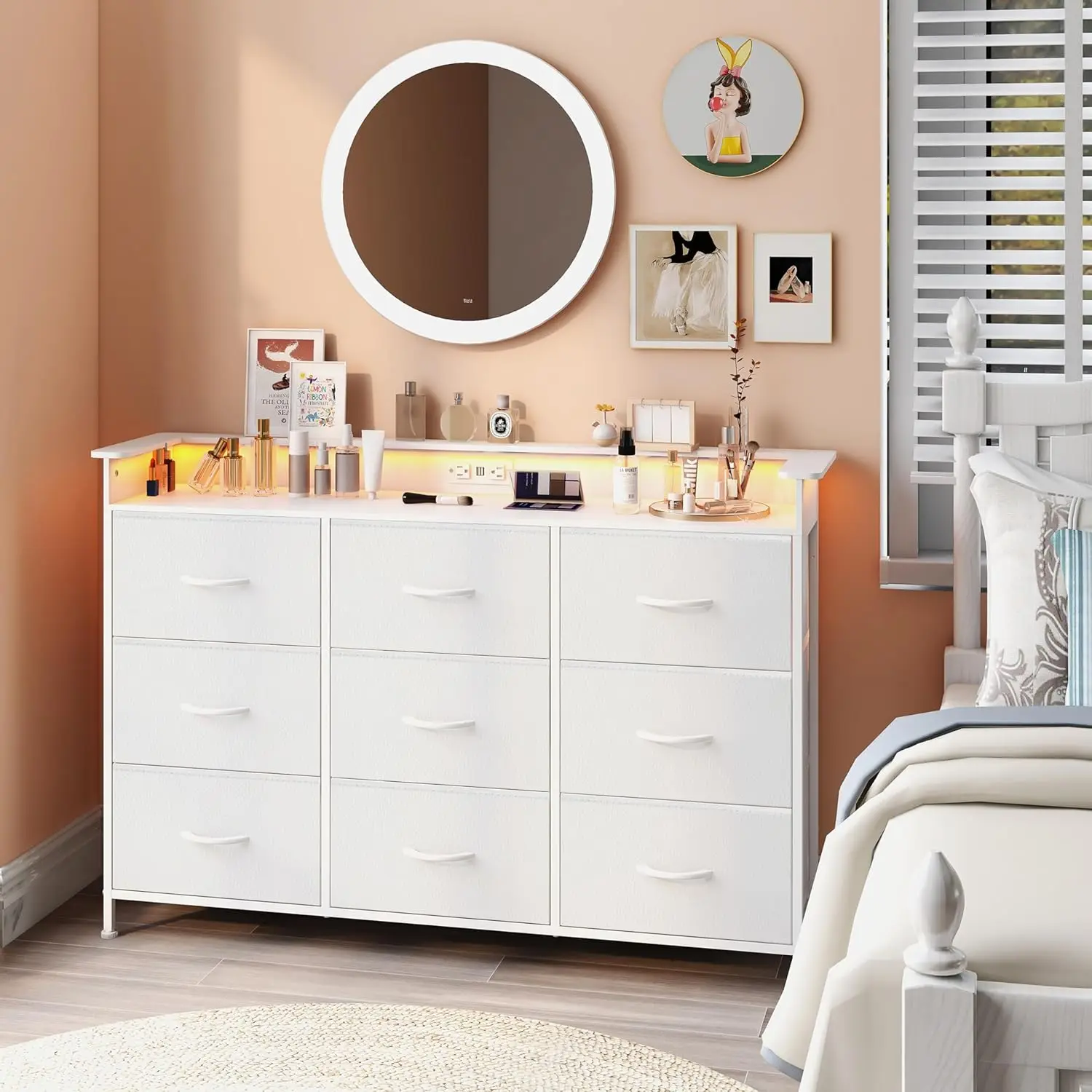 

White Dresser with LED Light 9 Drawers Charging Station Steel Frame Wooden Top for Bedroom Entryway Hallway Closet