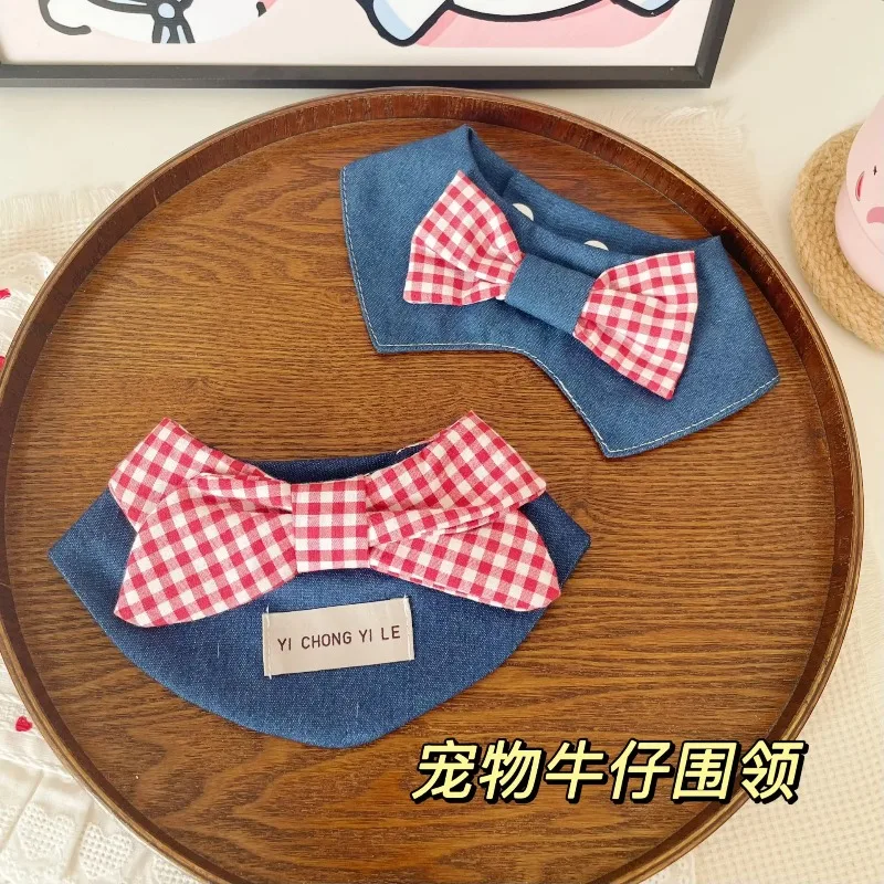

Bow Plaid Pet Cowboy Triangle Scarf Small Medium Sized Dog Checkered Bow Water Towel Cat Dog Collar Decoration Dog Accessories