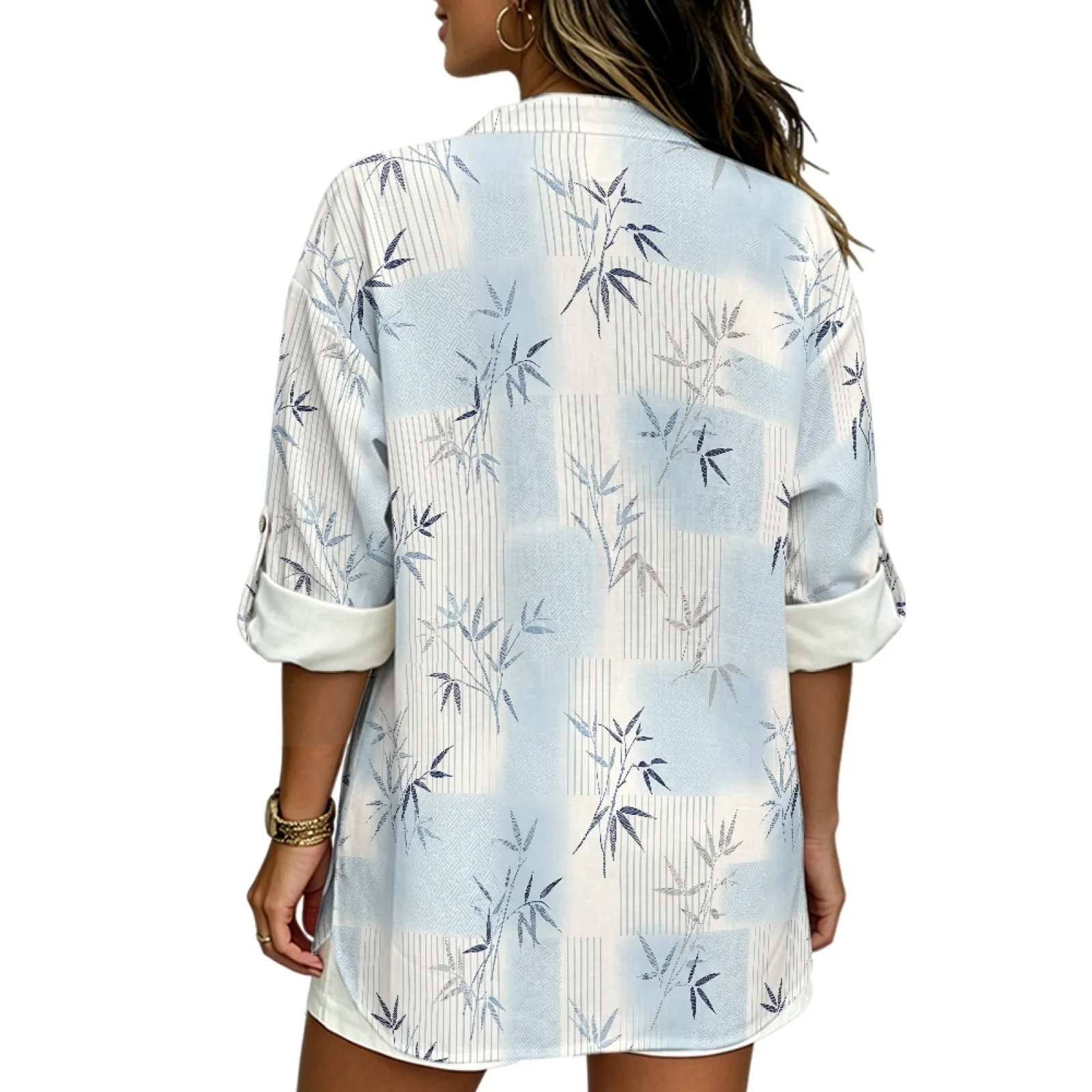 PENSTROLL Blue Bamboo Print Linen-Like Tunic Top Stylish Loose Fit Blouses for Women Sizes S-5XL