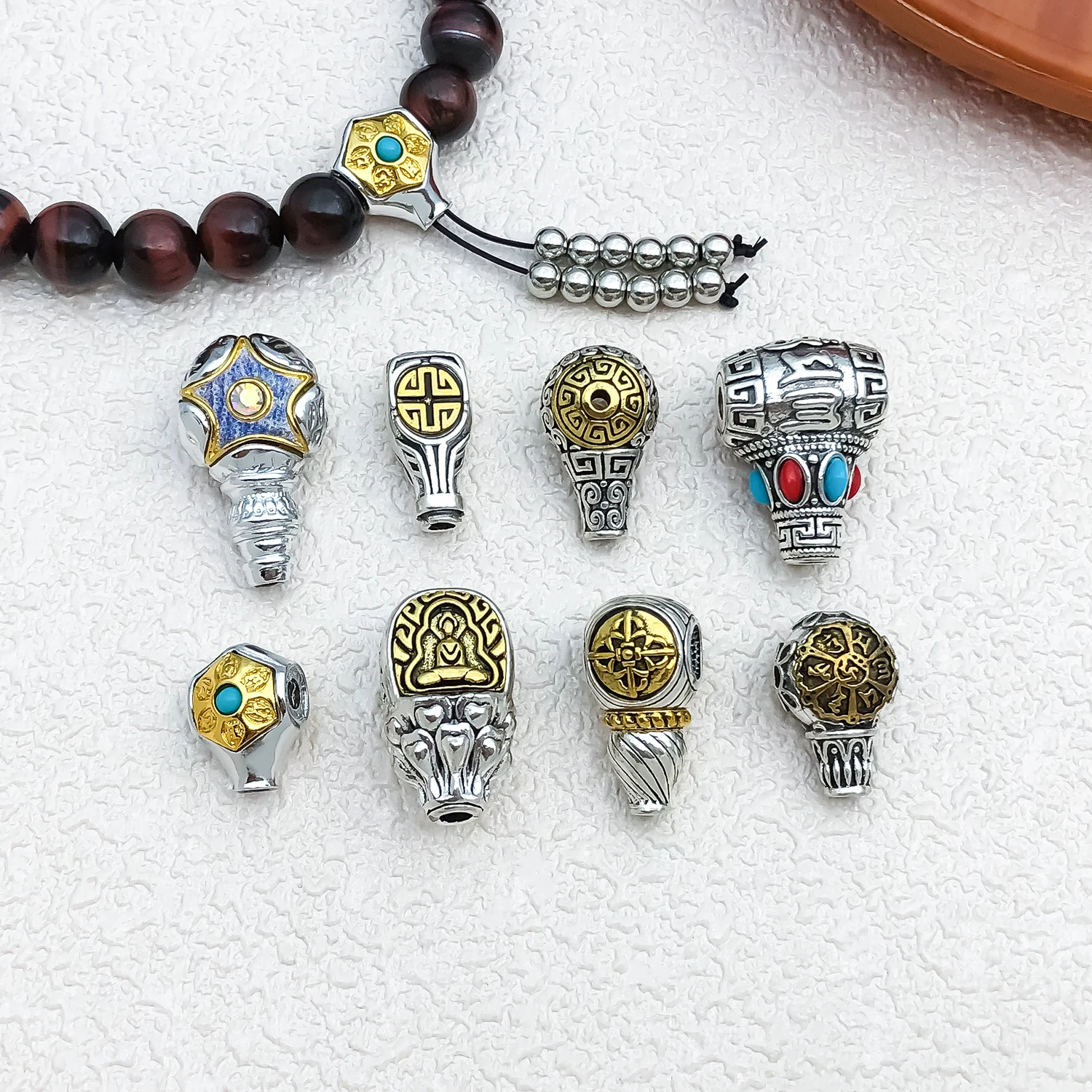 5pcs Three‑Way Alloy Tibetan Beads Findings Multiple‑Pattern Bead Components For Prayer Mala Bracelet Necklace DIY Craft Supplie
