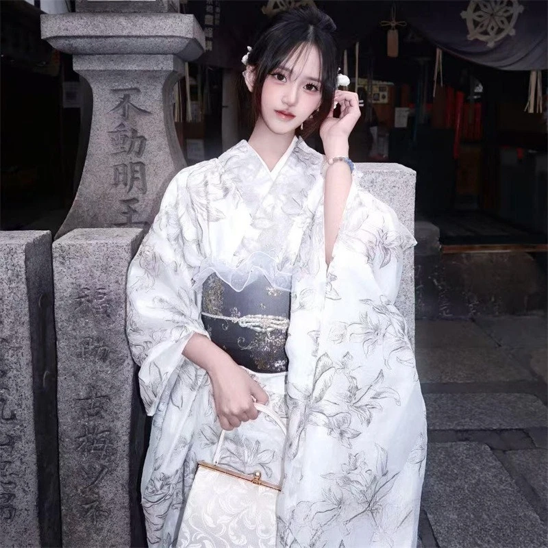Japanese‑Style Women's Modified Yukata Dress, Cold‑toned Retro Elegant Gown, Suitable for Kami‑Shōjo‑Style Portrait Photoshoots