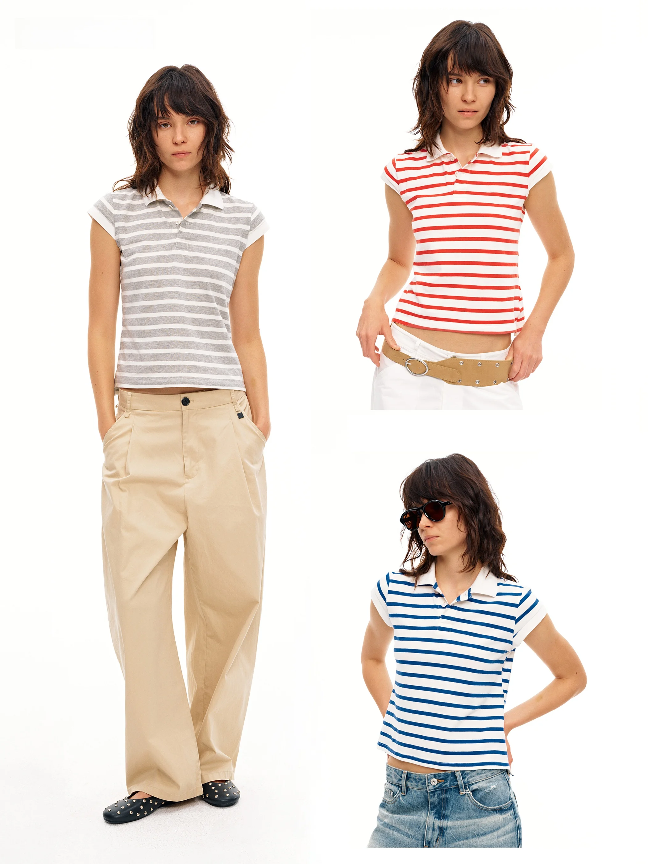

AHNKANK Early Spring Striped ort Sve Ne T-irt Women's Slim Fit Waist Cinched American Casual Sle Top