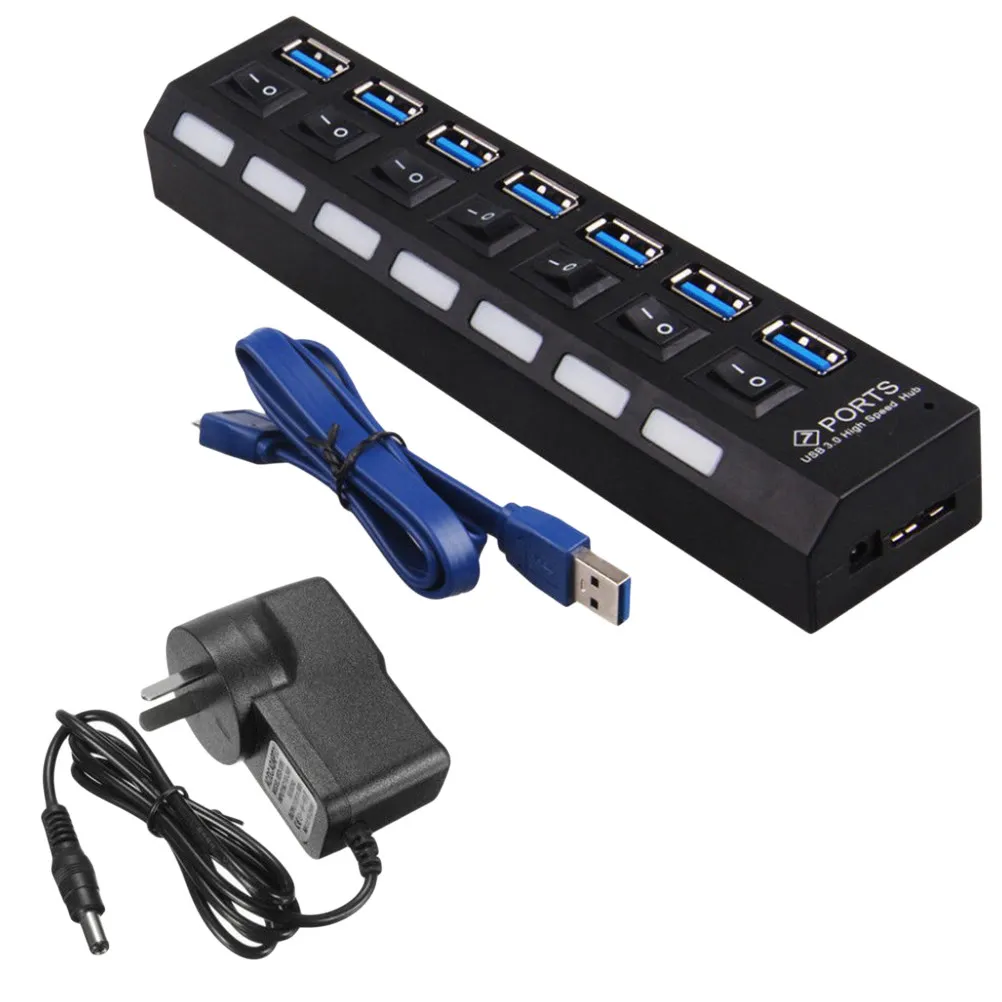 7-Port USB 3.0 Hub High-Speed Data Transfer Splitter Individual on Off LED Status Indicators for USB