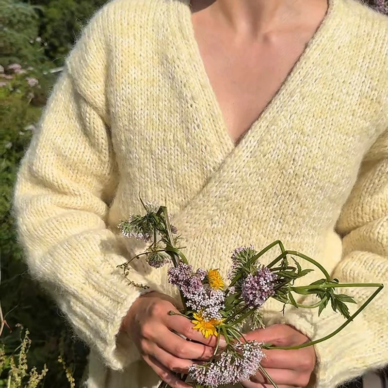 

Сплошной цвет в рубчик свитер с v-образным вырезом и длинными рукавами, винтажный вязаный кардиган с запахом и галстуком, стильный женский осенне-зимний укороченный трикотаж