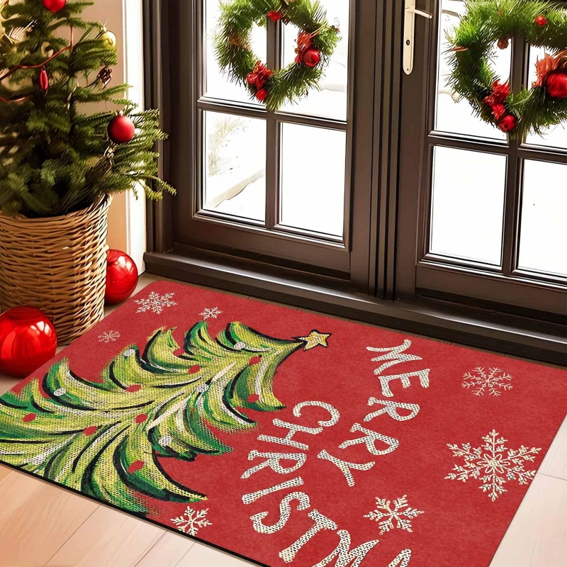 VIKAMA Merry Christmas Doormat Brush Christmas Tree Red Snowflakes Winter Welcome Mat Entryway Rug Front Porch Xmas Decor