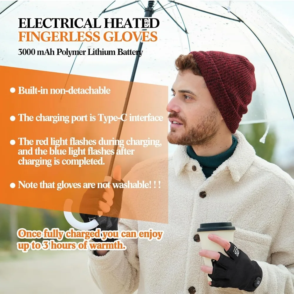 قفازات بدون أصابع تسخين كهربائي قابلة لإعادة الشحن - شحن USB، درجة حرارة قابلة للتعديل للرجال والنساء، مثالية للكتابة وال Da