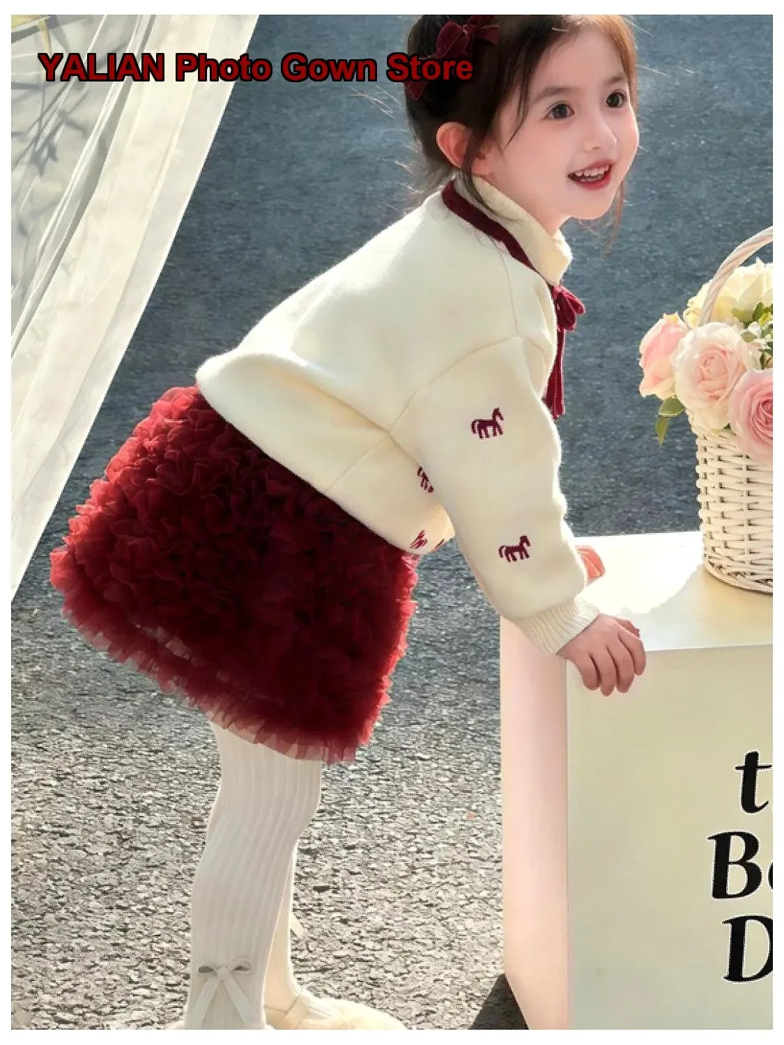 Girls White Embroidered Mesh Cake Skirt 2026 Winter Horse Year Battle Dress