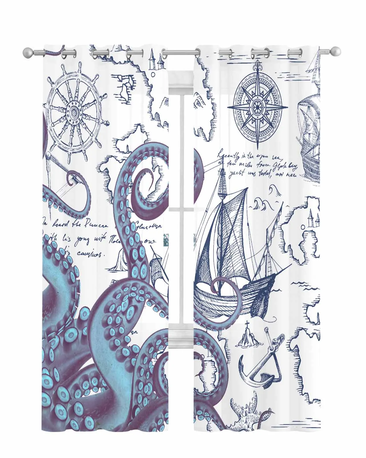 Pirate Ship Navigation Chart Octopus Tentacles Tulle Curtains Living Room Sheer Window Treatments Voile Drapes with Grommets