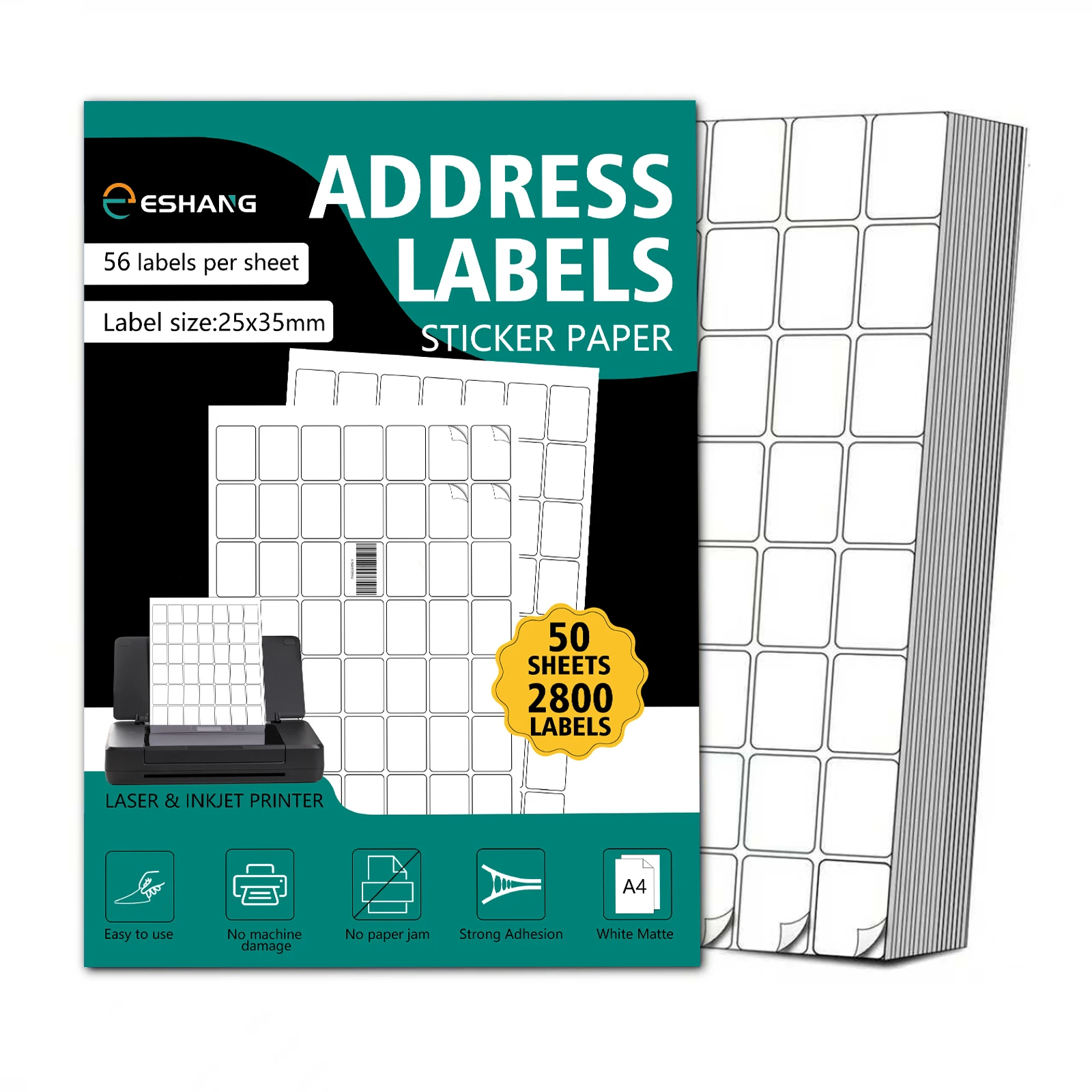 25x35mm Address Labels, 56/Page, 50 Sheets (2800 Labels) for Laser/Inkjet, White Matte Sticker Paper