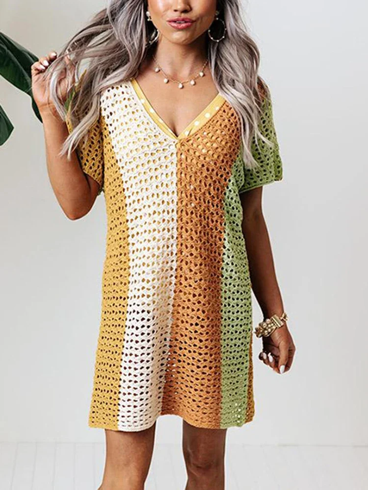 ใหม่ Contrast สีบิกินี่ COVER-UPS ผู้หญิงลึก V คอ Beach COVER UP ฤดูร้อนแขนสั้น 2025 แฟชั่นหญิง Beachwear